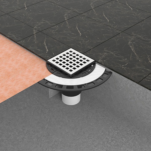 ABS shower drain flange kit integrated with bathroom floor tile layout