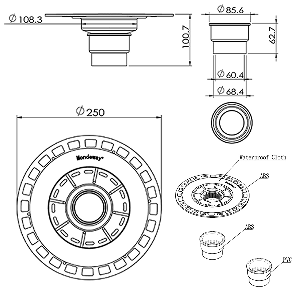 Dimension drawing of ABS shower drain base for bathroom floor installation
