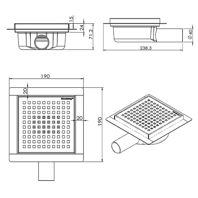 Technical dimension layout of square shower drain assembly with horizontal outlet design