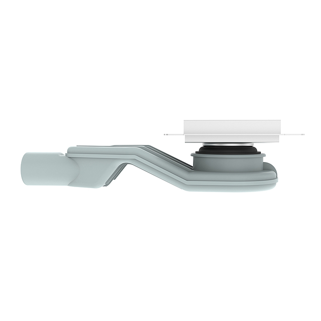 Flanged square shower floor drain side profile with horizontal outlet
