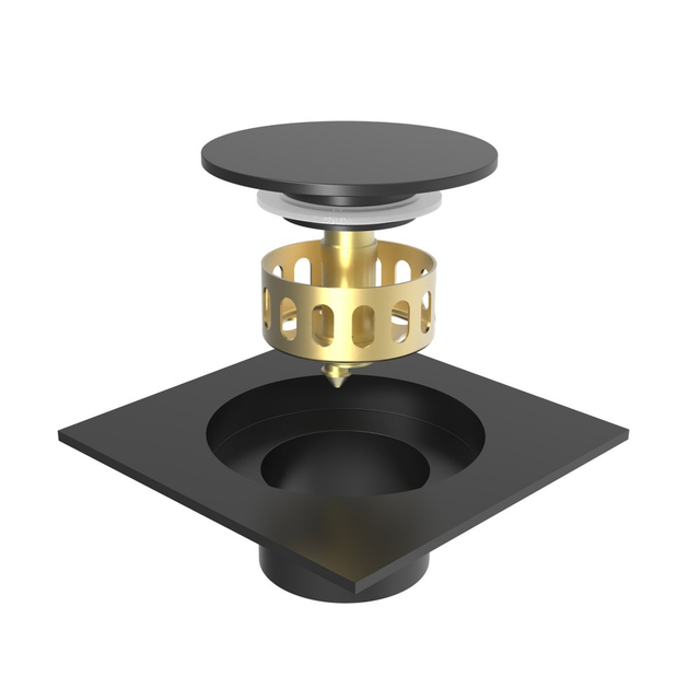 Square stainless floor drain exploded assembly showing removable parts