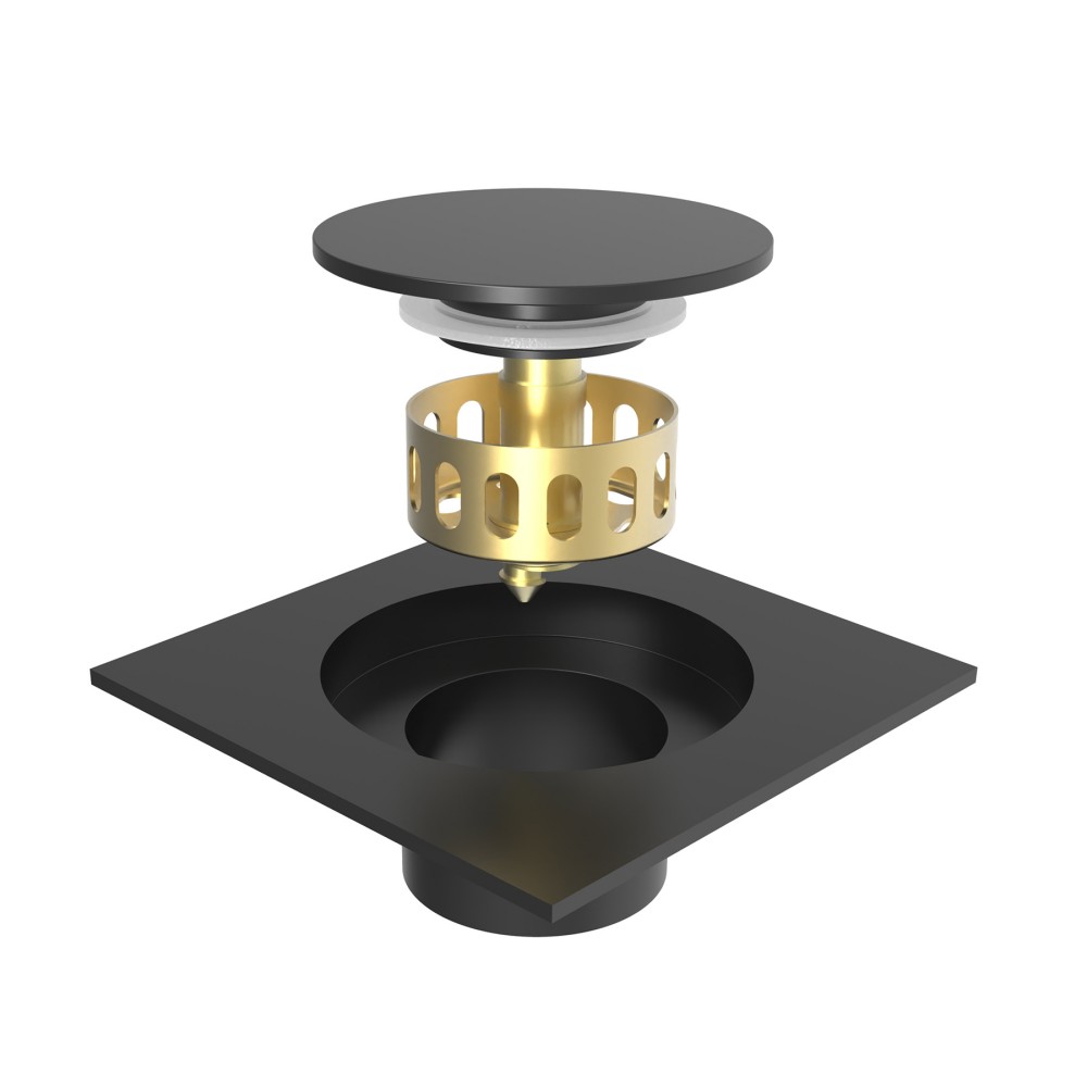 Square stainless floor drain exploded assembly showing removable parts