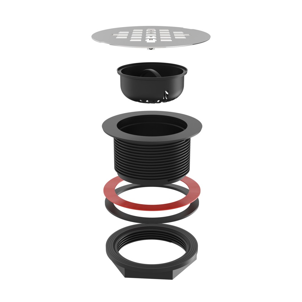 exploded assembly of pvc floor drain with stainless steel round drain grates