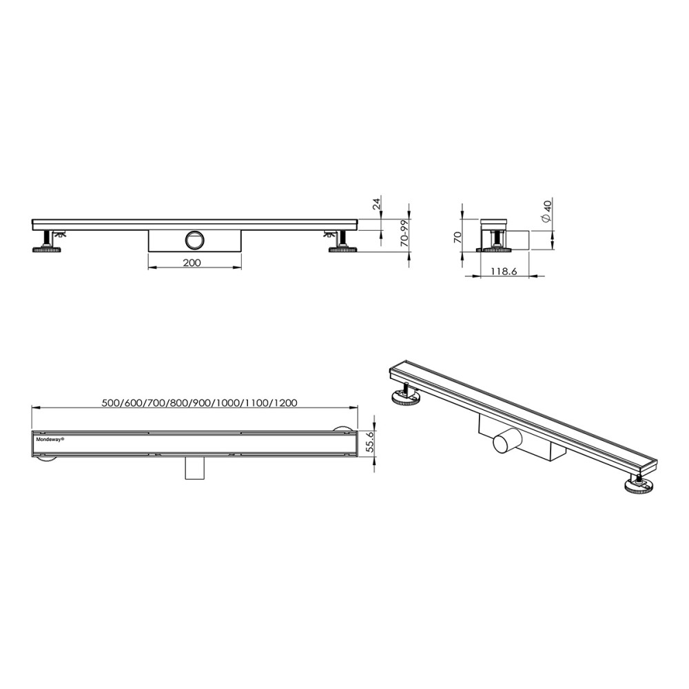 Technical dimension drawing of stainless steel rectangle drain
