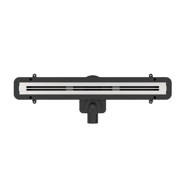 Top-down view of slim linear drain with brushed stainless steel grate and tile integration flange