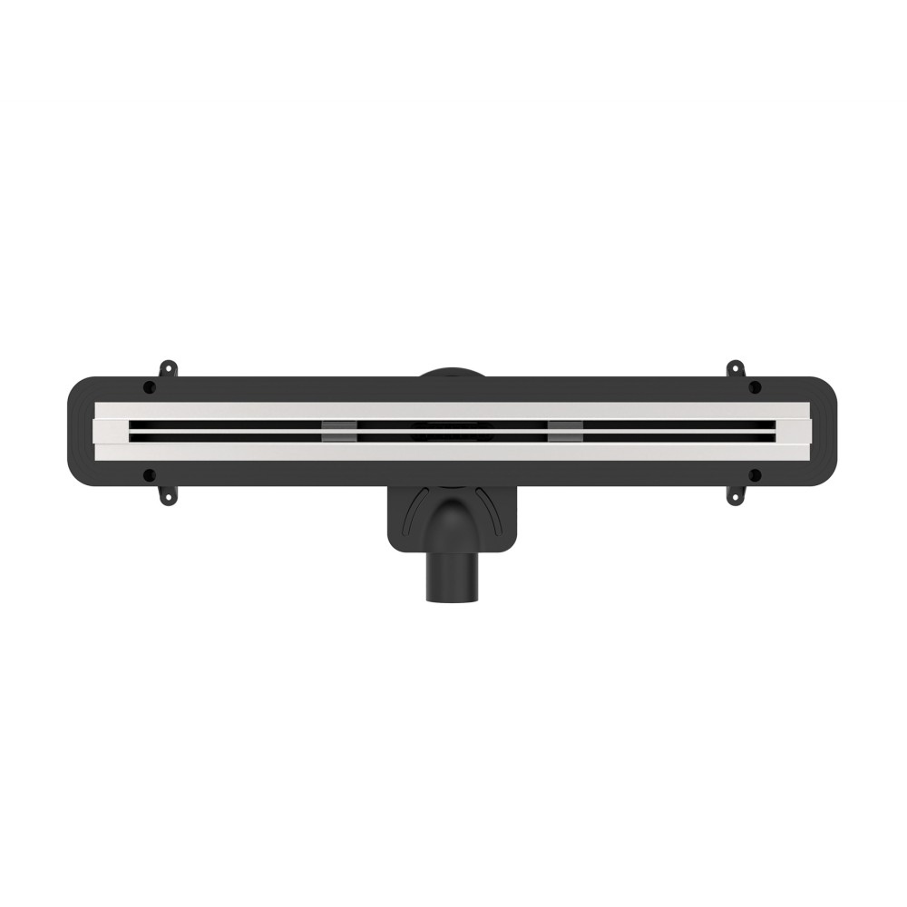 Top-down view of slim linear drain with brushed stainless steel grate and tile integration flange
