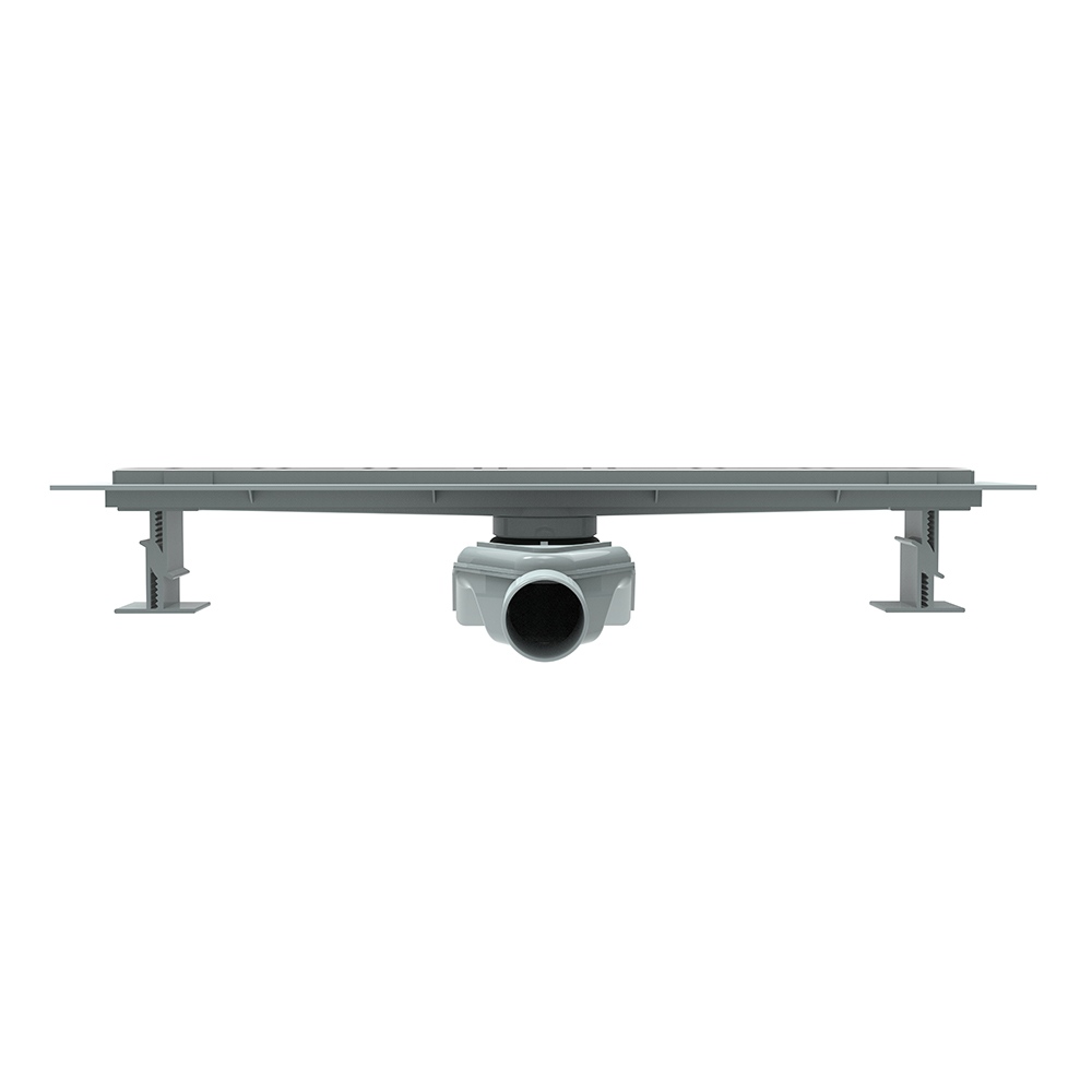 Horizontal outlet shower tile drain showing adjustable leveling feet and 360 rotatable siphon