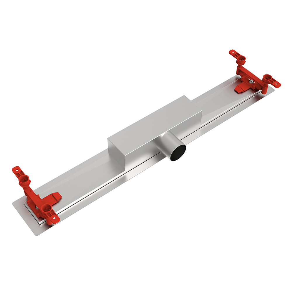 Rear structure of the stainless steel linear drain channel with central horizontal outlet