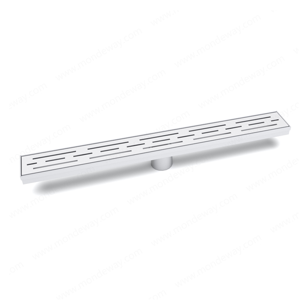 Mirror finish low profile linear drain designed for anti clog drainage and adjustable height
