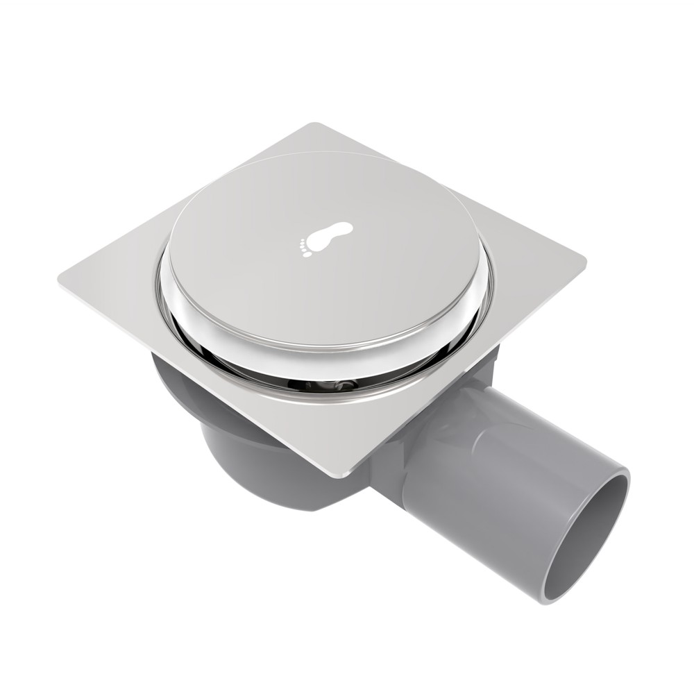 Stainless steel square tile drain in open position revealing the pop up drain assembly gap for water flow