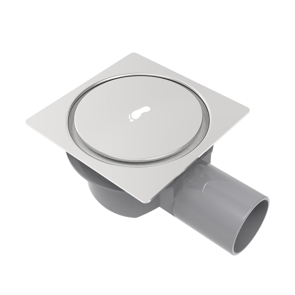 The square tile drain in a sealed down position to prevent odors using the internal pop up drain assembly mechanism