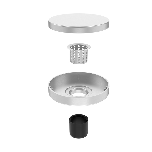 exploded components of round drain 150&times;150mm CUPC Watermark shower drain
