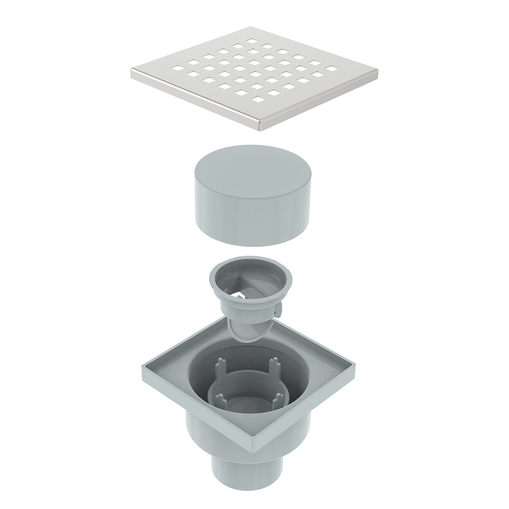 Square shower drain ABS exploded components including siphon and grate