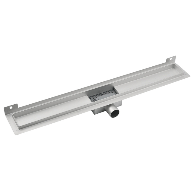 Open stainless steel drain channel with flange for wall waterproofing and siphon placement