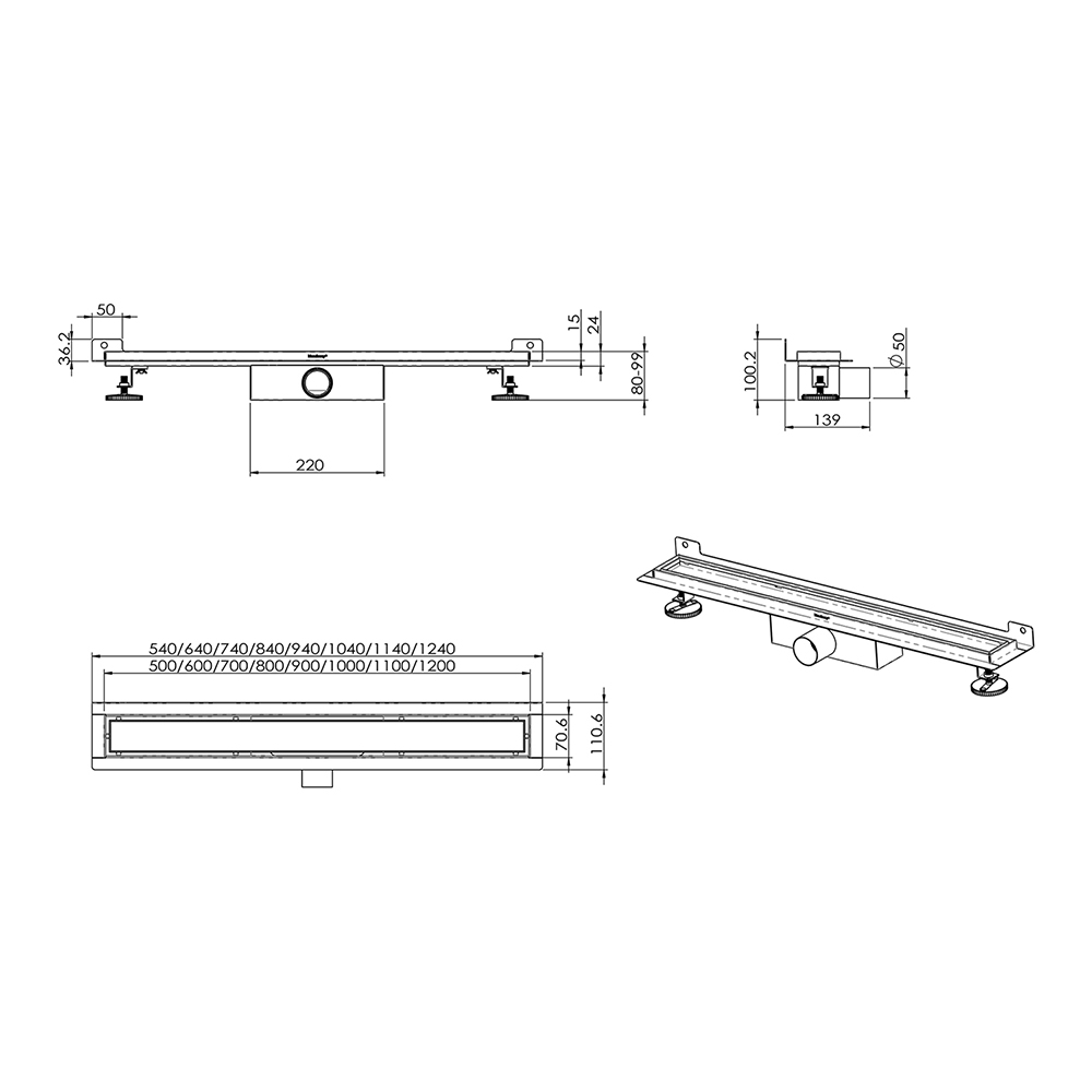 Technical dimensions drawing for 80mm depth adjustable wall shower drain