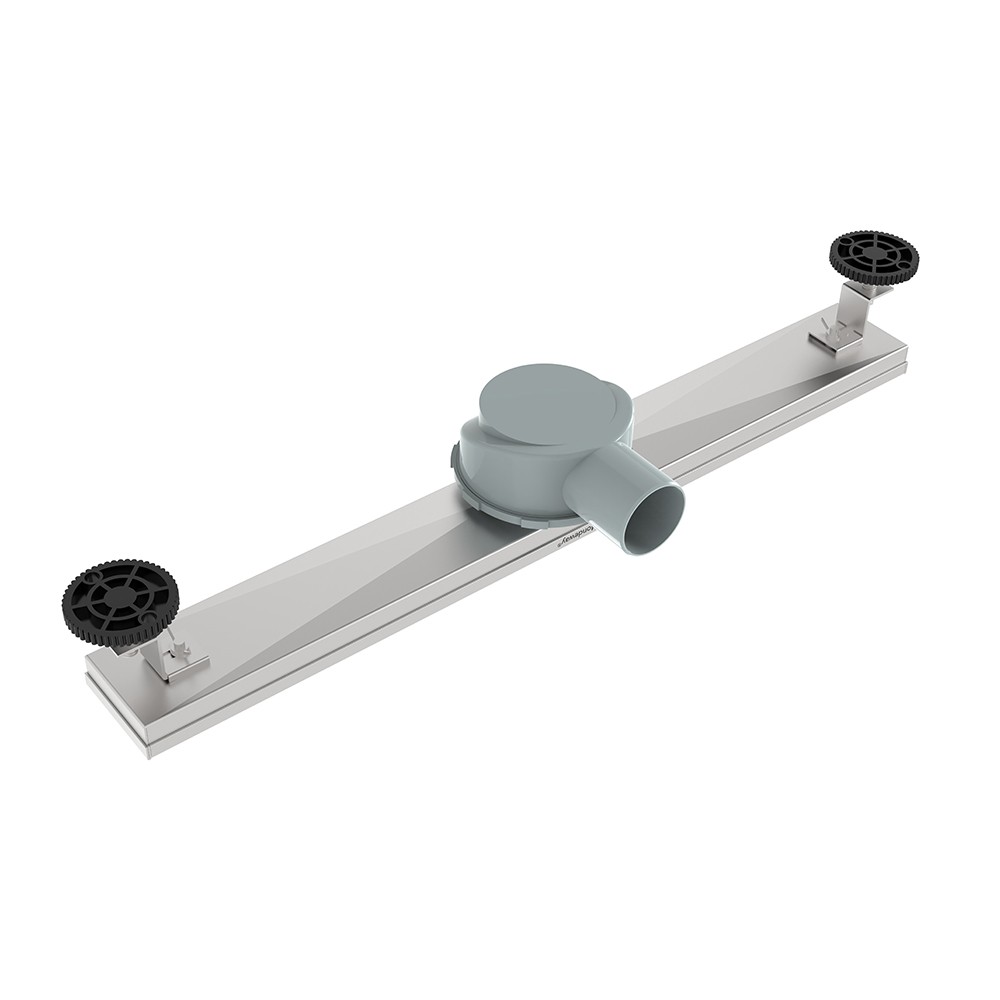 Underside of stainless steel linear shower drain showing horizontal outlet and adjustable feet