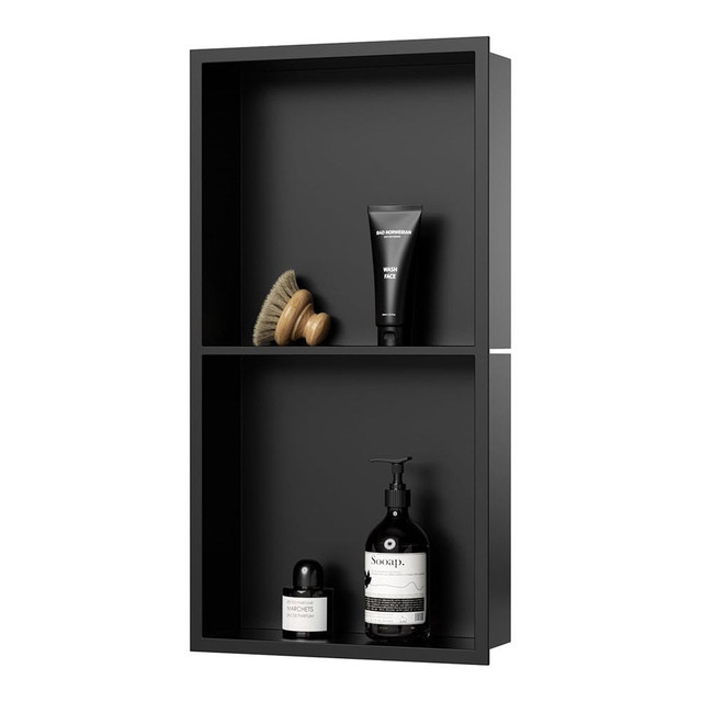 Vertical bathroom niche in matte black recessed wall design made of shower niche stainless steel