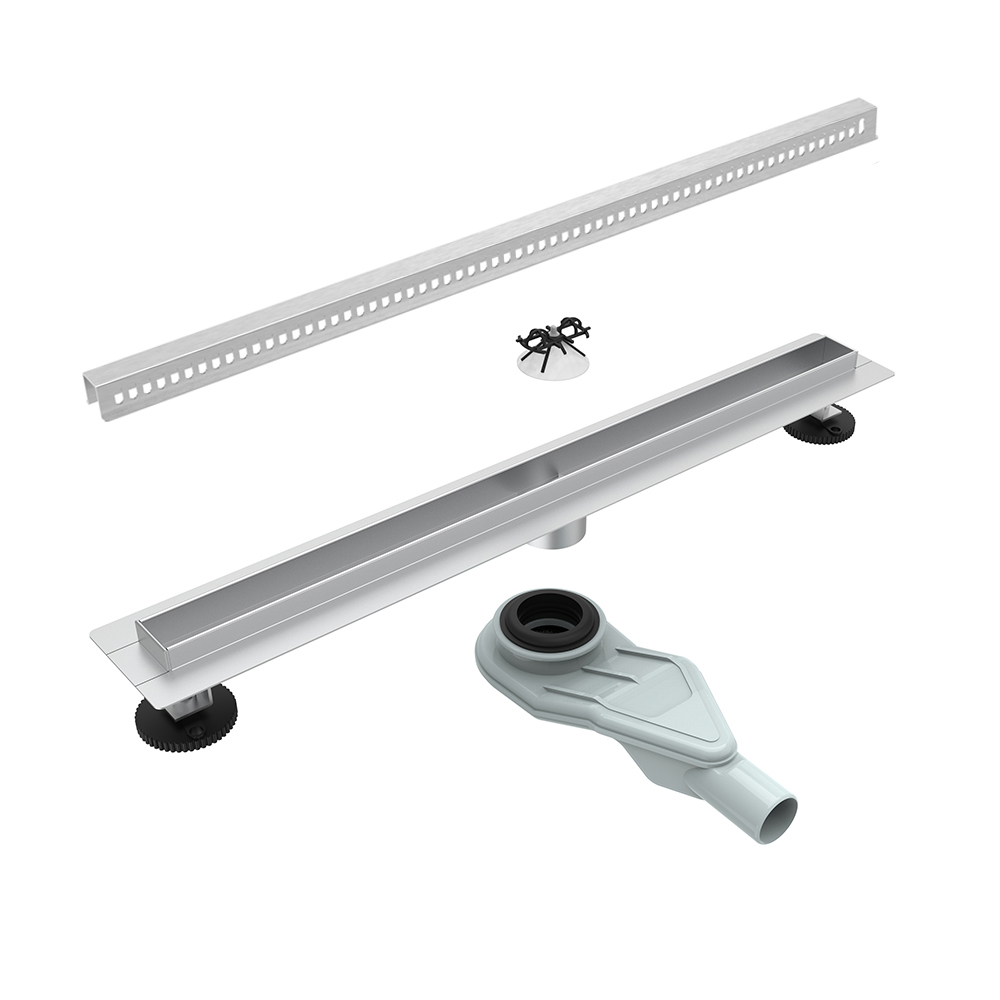 Exploded diagram of adjustable shower drain components including waterproofing membrane and hair filter
