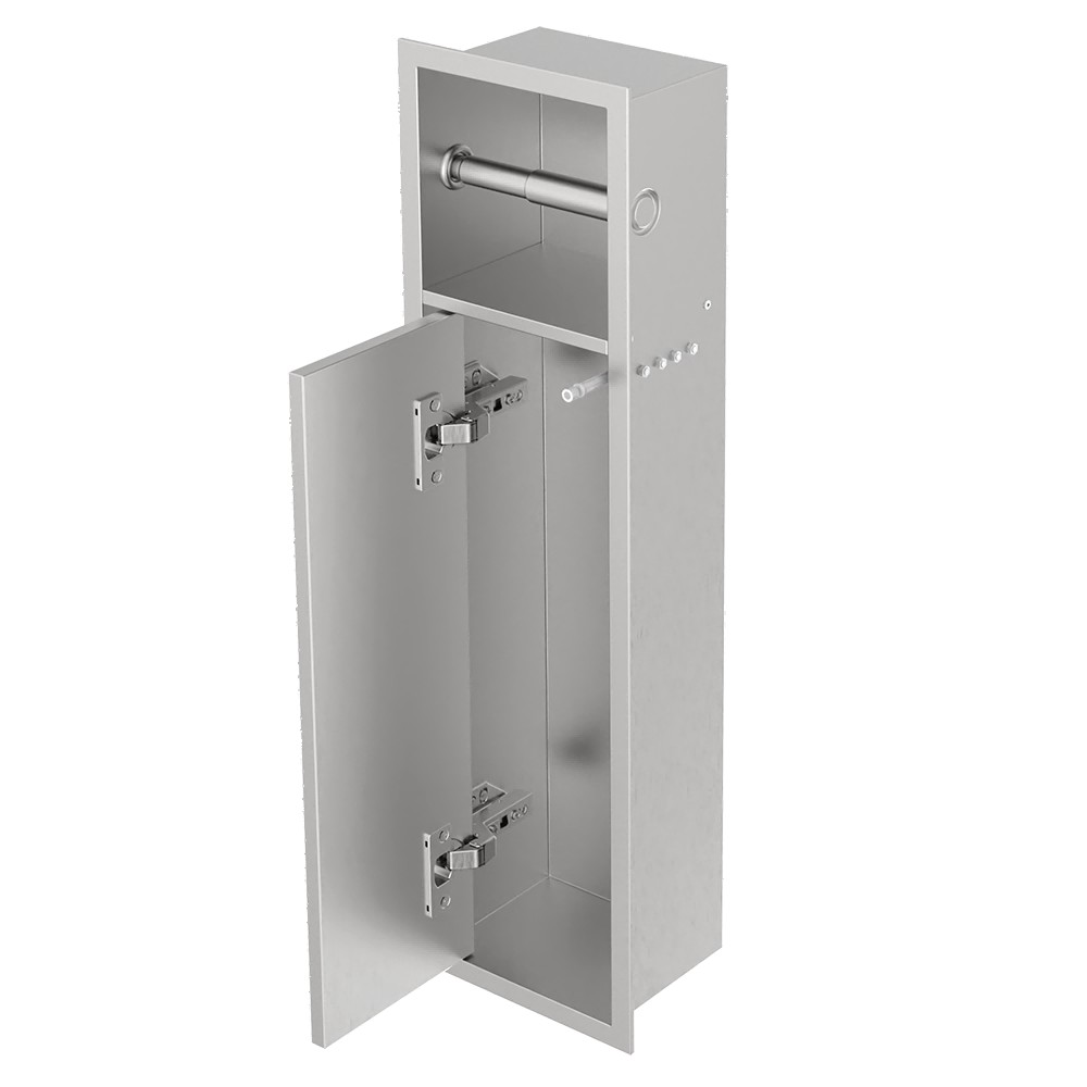 Wall mounted recessed toilet brush holder with hinged door and stainless steel interior