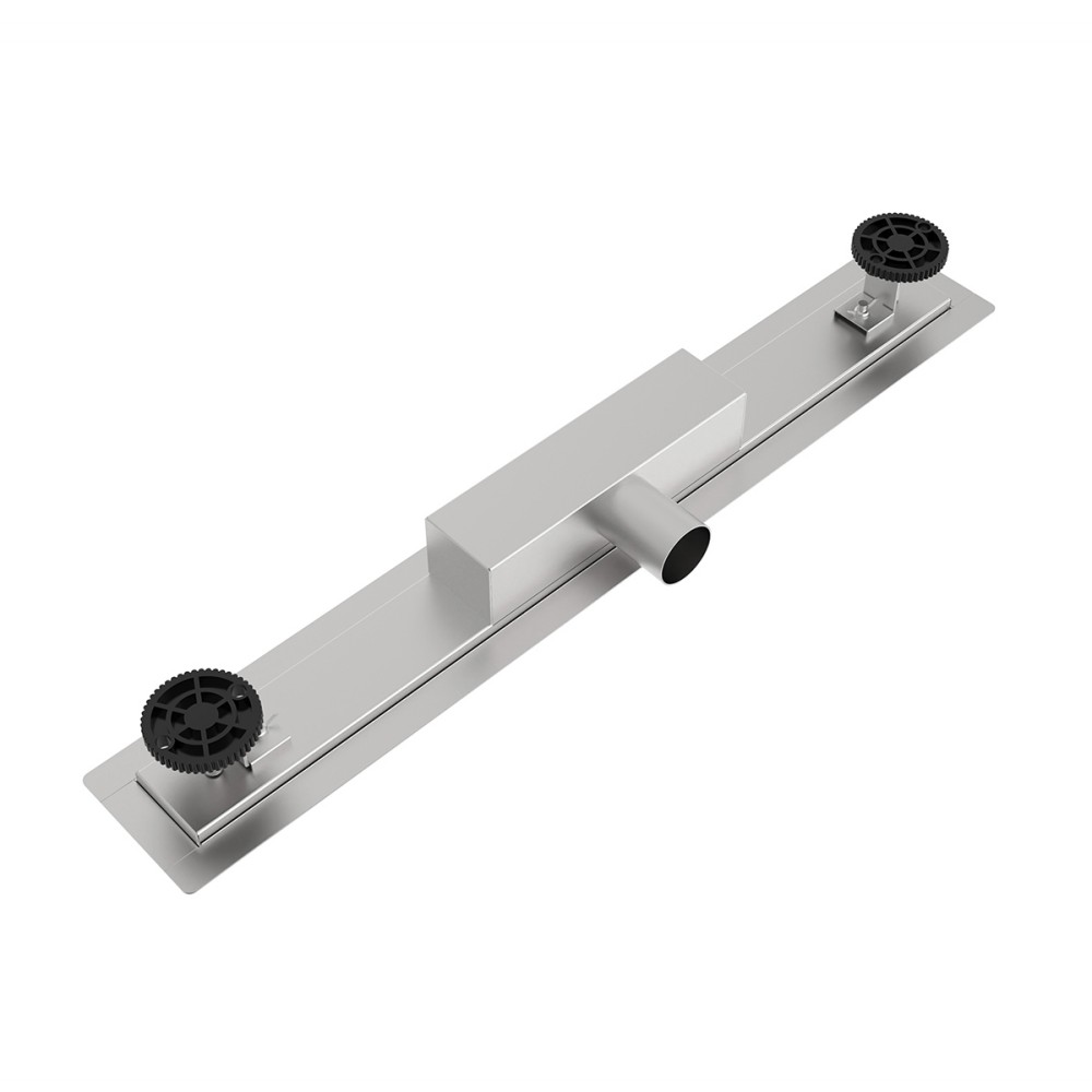 Back of adjustable linear drains shower showing horizontal outlet and leveling feet