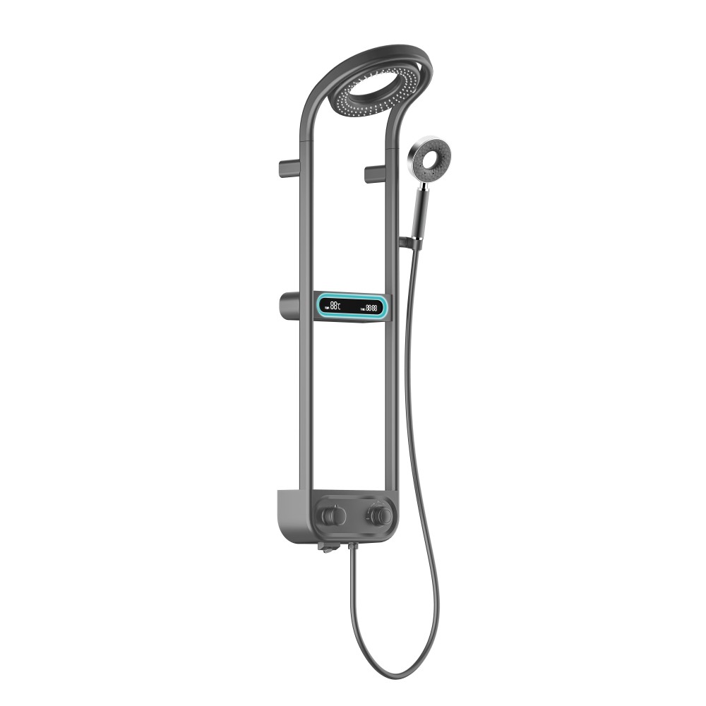 Modern waterfall digital shower set wall mounted front view with LED display