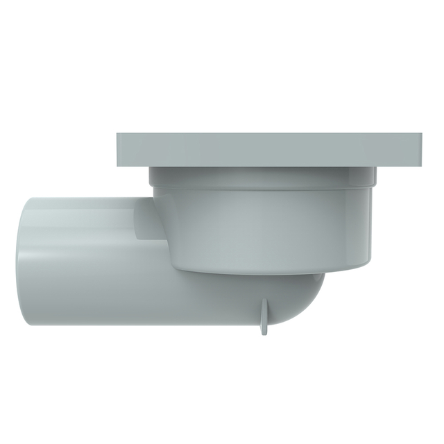 Side profile of plastic shower base drain with horizontal outlet