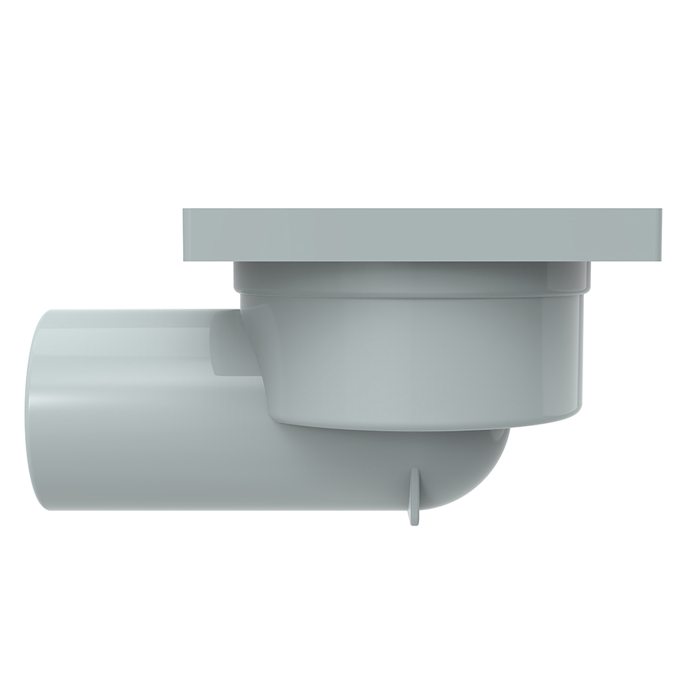 Side profile of plastic shower base drain with horizontal outlet