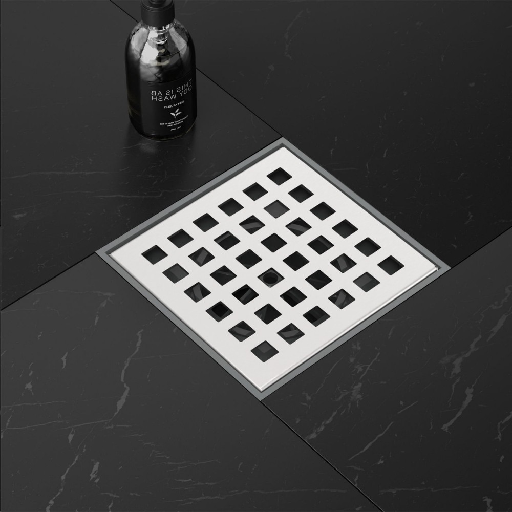 square tile shower drain with stainless steel grate floor finish
