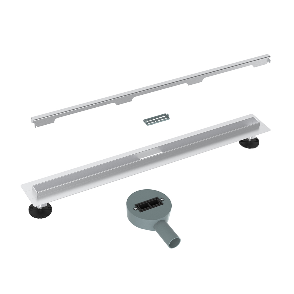 Linear floor drain exploded stainless steel siphon and channel components