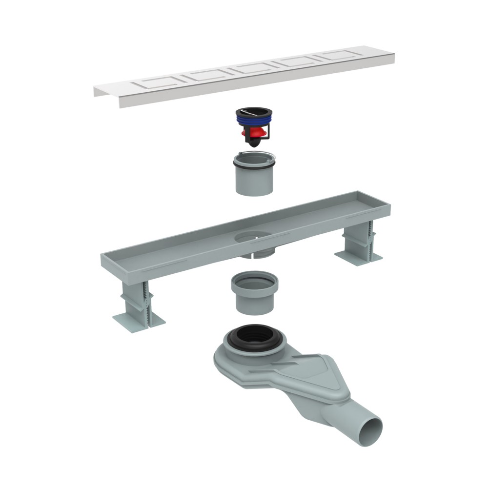 Exploded diagram showing linear drain components including hair filter and dry wet siphon parts