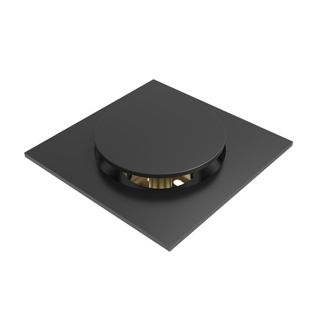 Stainless floor drain with square pop up cover in matte black finish