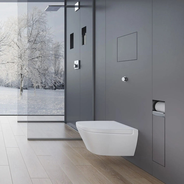 Recessed toilet paper holder with storage installed in a modern grey bathroom wall next to a wall-hung toilet