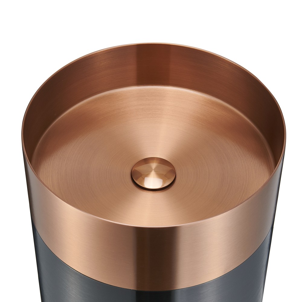 Round stainless steel wash basin interior detail with brushed copper finish