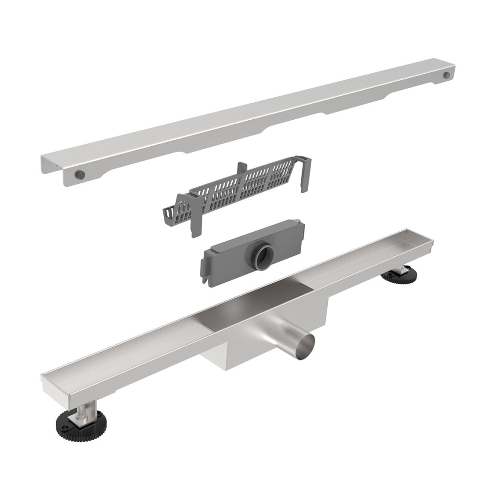 Exploded diagram of linear shower drain kit showing siphon and hair filter