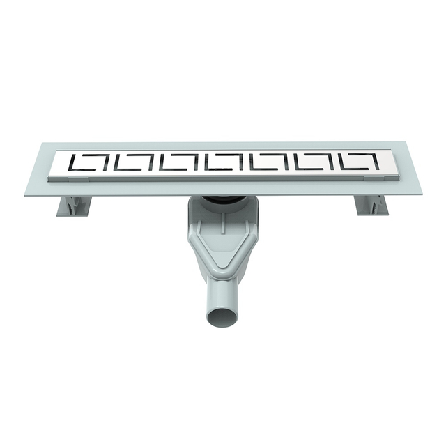 Stainless steel linear shower floor drain with Greek key pattern grate and ABS base
