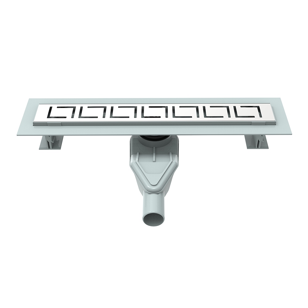 Stainless steel linear shower floor drain with Greek key pattern grate and ABS base
