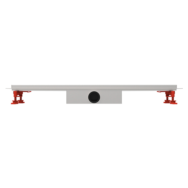 Front profile of a horizontal outlet stainless steel drain with integrated leveling feet
