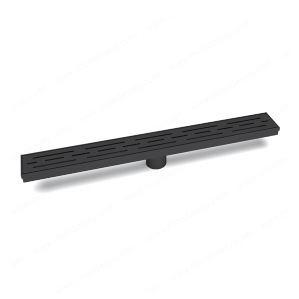 Black low profile linear drain designed for anti clog drainage and adjustable installation