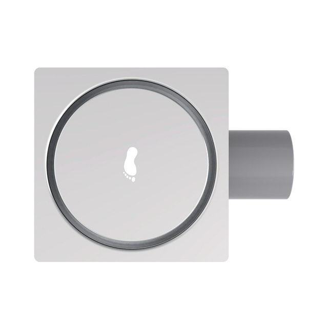 Top-down alignment of the closed square tile drain cover featuring a foot pedal icon in brushed stainless steel