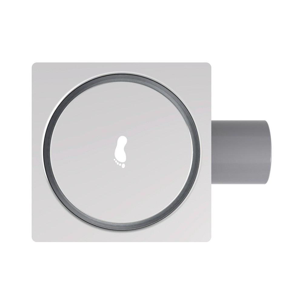 Top-down alignment of the closed square tile drain cover featuring a foot pedal icon in brushed stainless steel