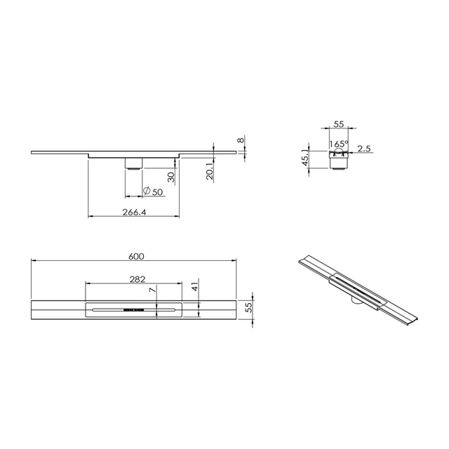 Technical drawing of adjustable length linear drain model E16