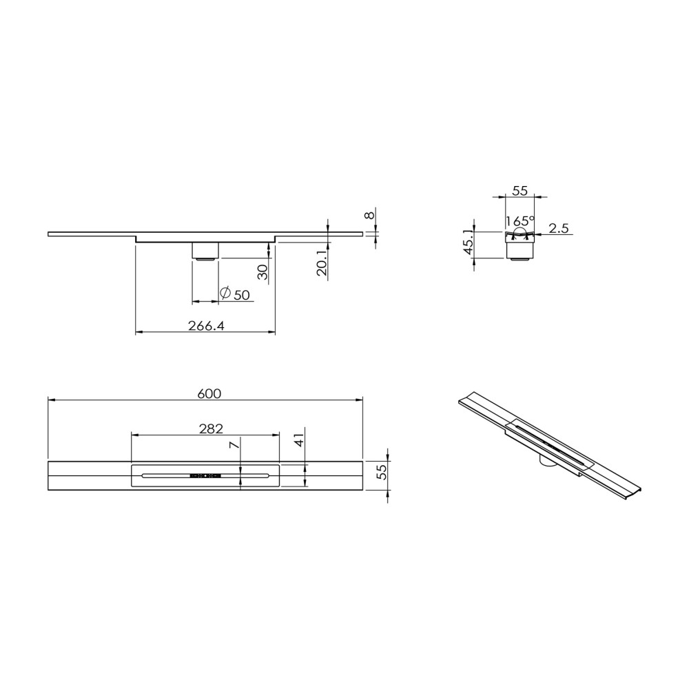 Technical drawing of adjustable length linear drain model E16