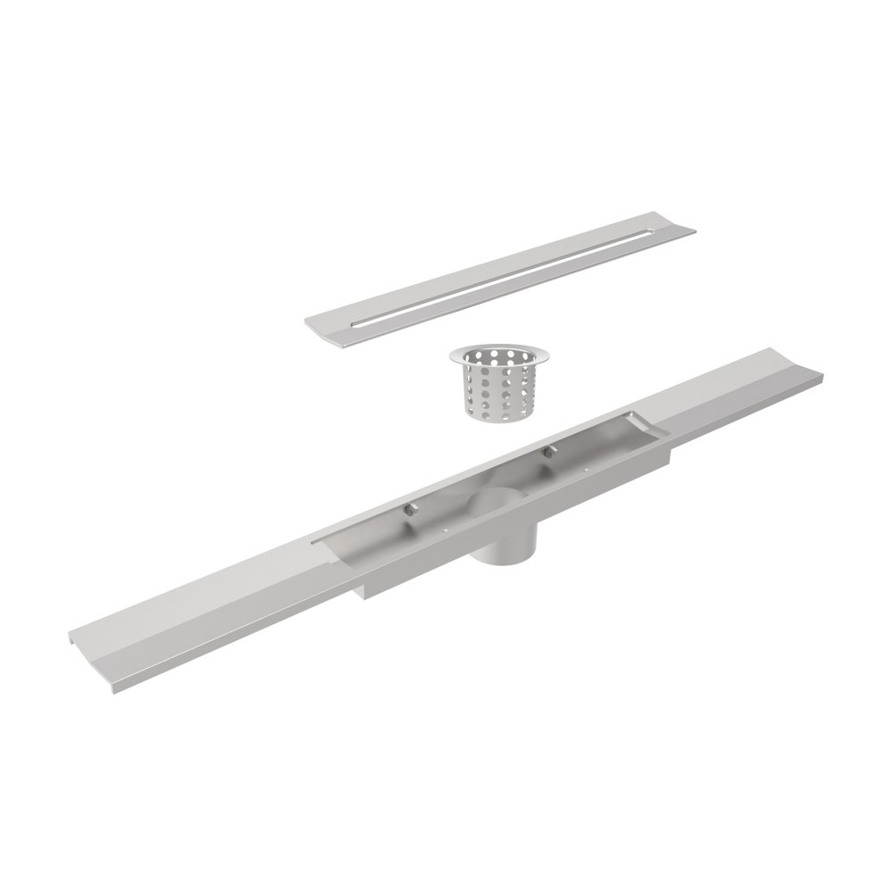 Exploded view of cuttable linear drain with SS304 grate and filter