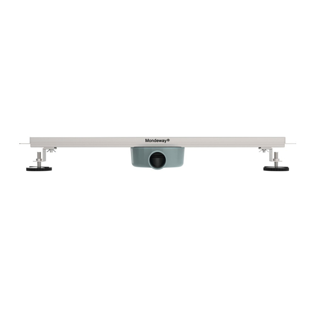 Side profile of linear shower drains showing adjustable height legs for renovations