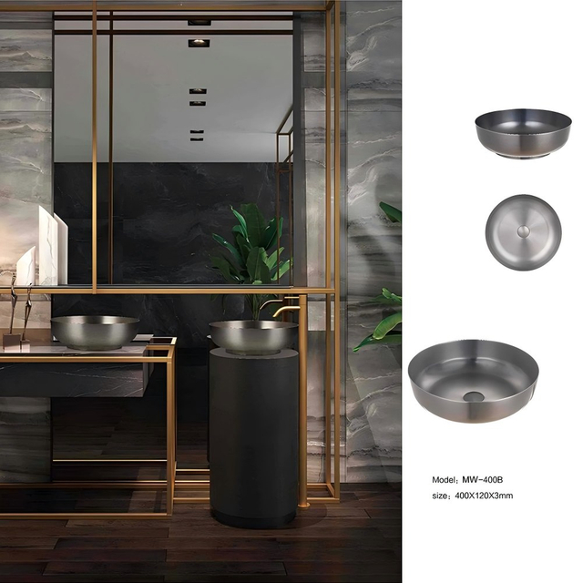 White round vessel sink stainless steel round sink applied on modern bathroom vanity
