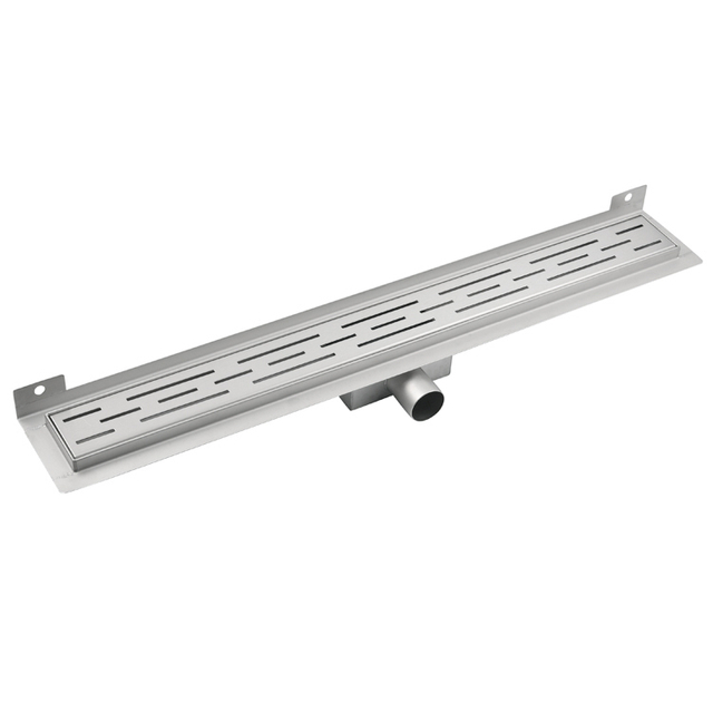 Top of stainless steel drain featuring a linear slotted grate pattern design