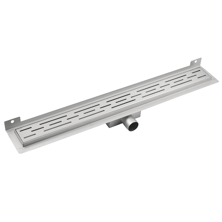 Top of stainless steel drain featuring a linear slotted grate pattern design