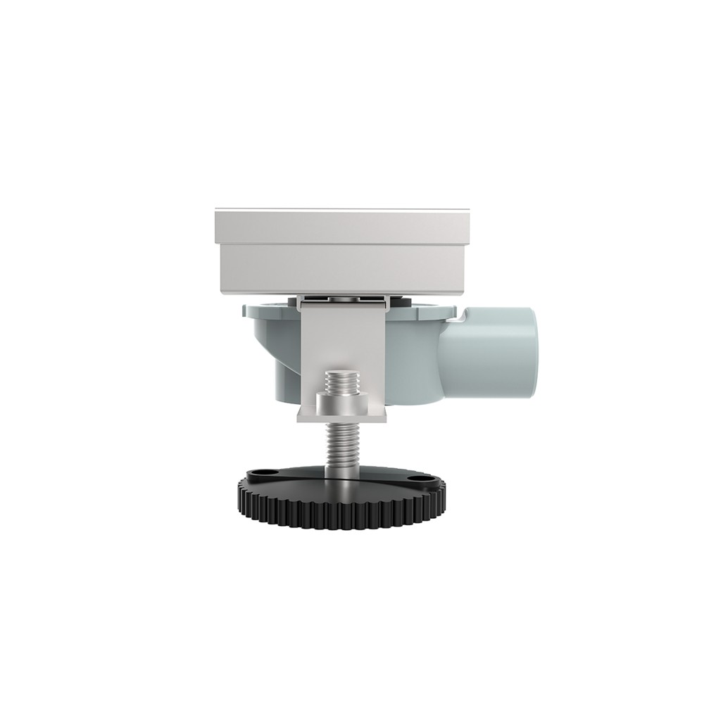 Close up side perspective of a 360 rotatable siphon linear drain for easy installation