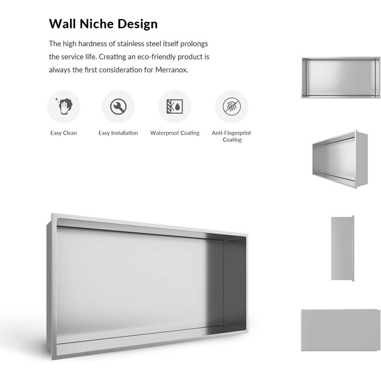 Horizontal shower niche stainless steel structure and surface detail