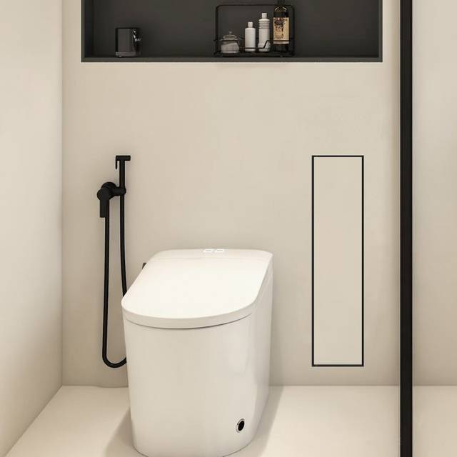 Bathroom niche with door featuring vertical hidden wall storage beside toilet